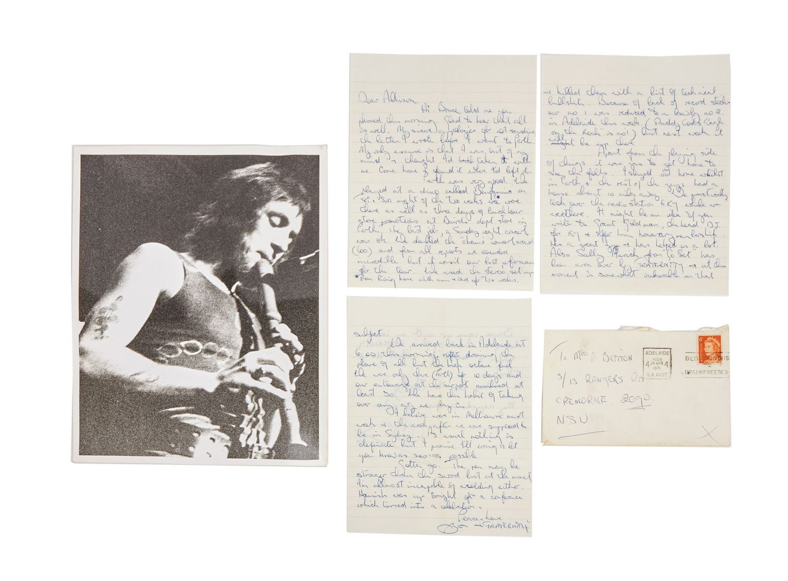 AC/DC | Fraternity | Early Bon Scott Handwritten Letter Signed Twice With Photograph And Newsletter,: A letter written by Bon Scott when he was lead singer of the Australian progressive rock band Fraternity, prior to joining AC/DC. The letter comprises four pages written in blue ballpoint pen on three