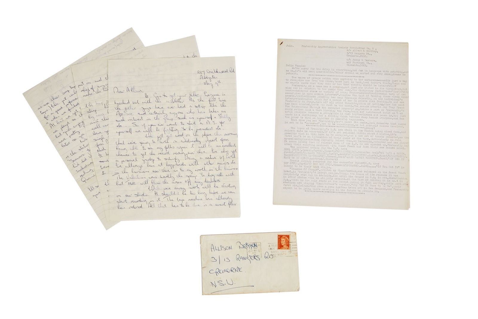 AC/DC | Early Handwritten Letter By Bon Scott, 1971: A letter written by Bon Scott when he was lead singer of the Australian progressive rock band Fraternity, prior to joining AC/DC. The letter comprises three pages written in blue ballpoint pen on thre