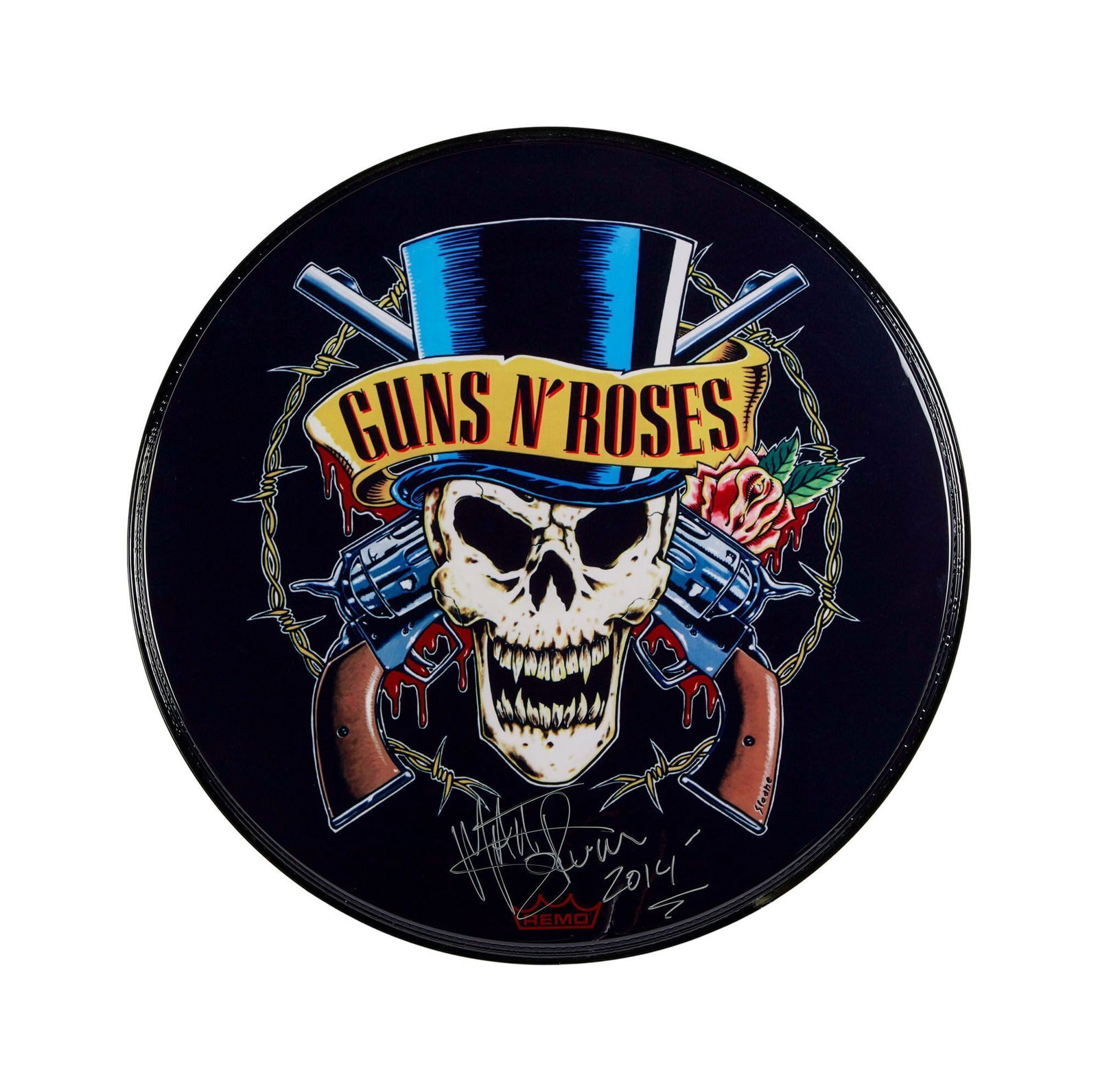 Guns N' Roses | Matt Sorum "Use Your Illusion" Tour Stage-Played Drumhead: This iconic drumhead from Guns N' Roses was utilized by drummer Matt Sorum throughout the Use Your Illusion World Tour, particularly notable in the "Live and Let Die" music video. Displaying distincti