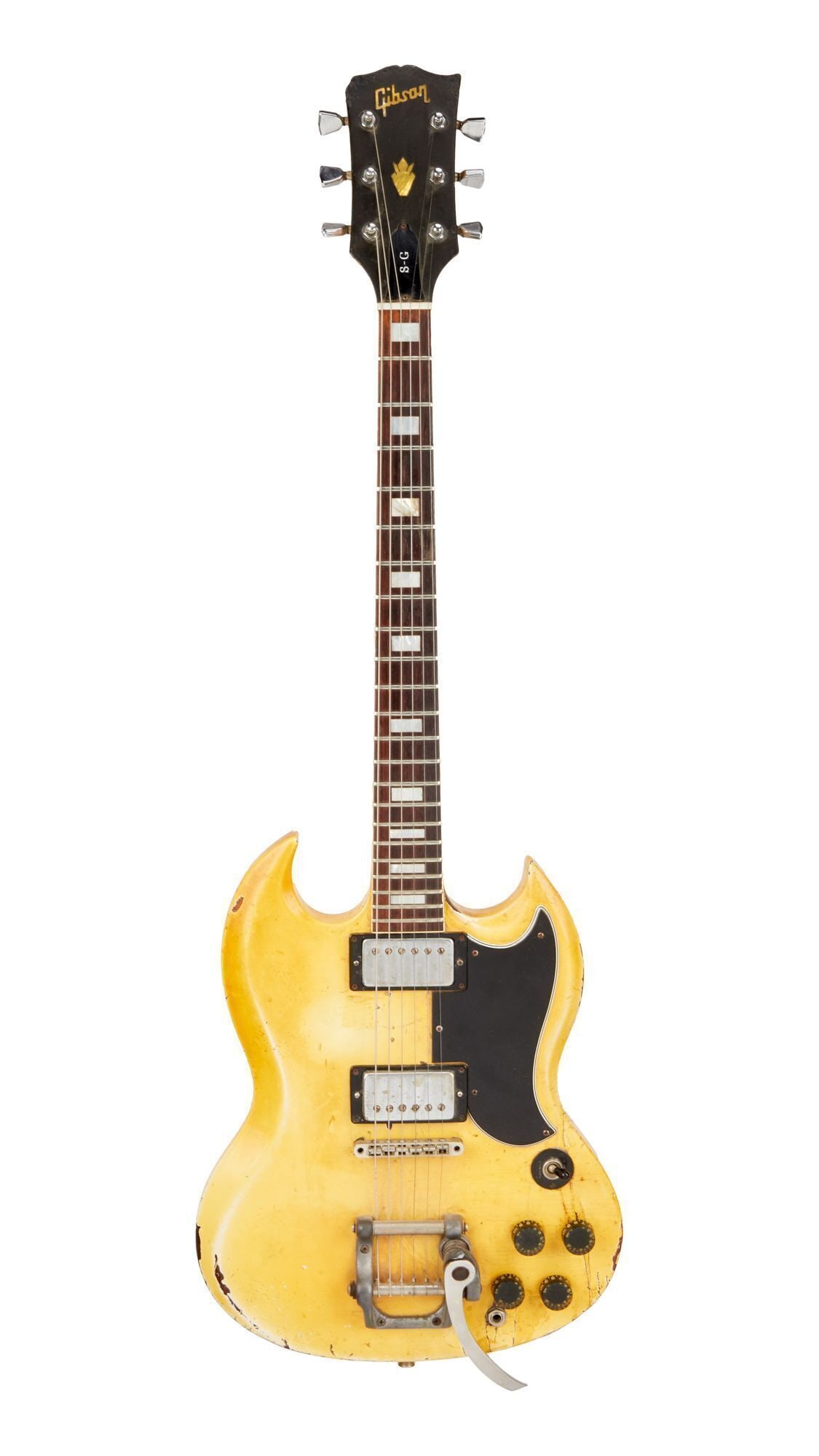 The White Stripes | Jack White Stage-Played Gibson SG Electric Guitar With "Maggot Brain" Magazine: A 1976 Gibson SG Standard, serial #00148823, in white finish. Stage played by Jack White during the early days of The White Stripes as well as in the Detroit rock band The Go. The guitar was used duri