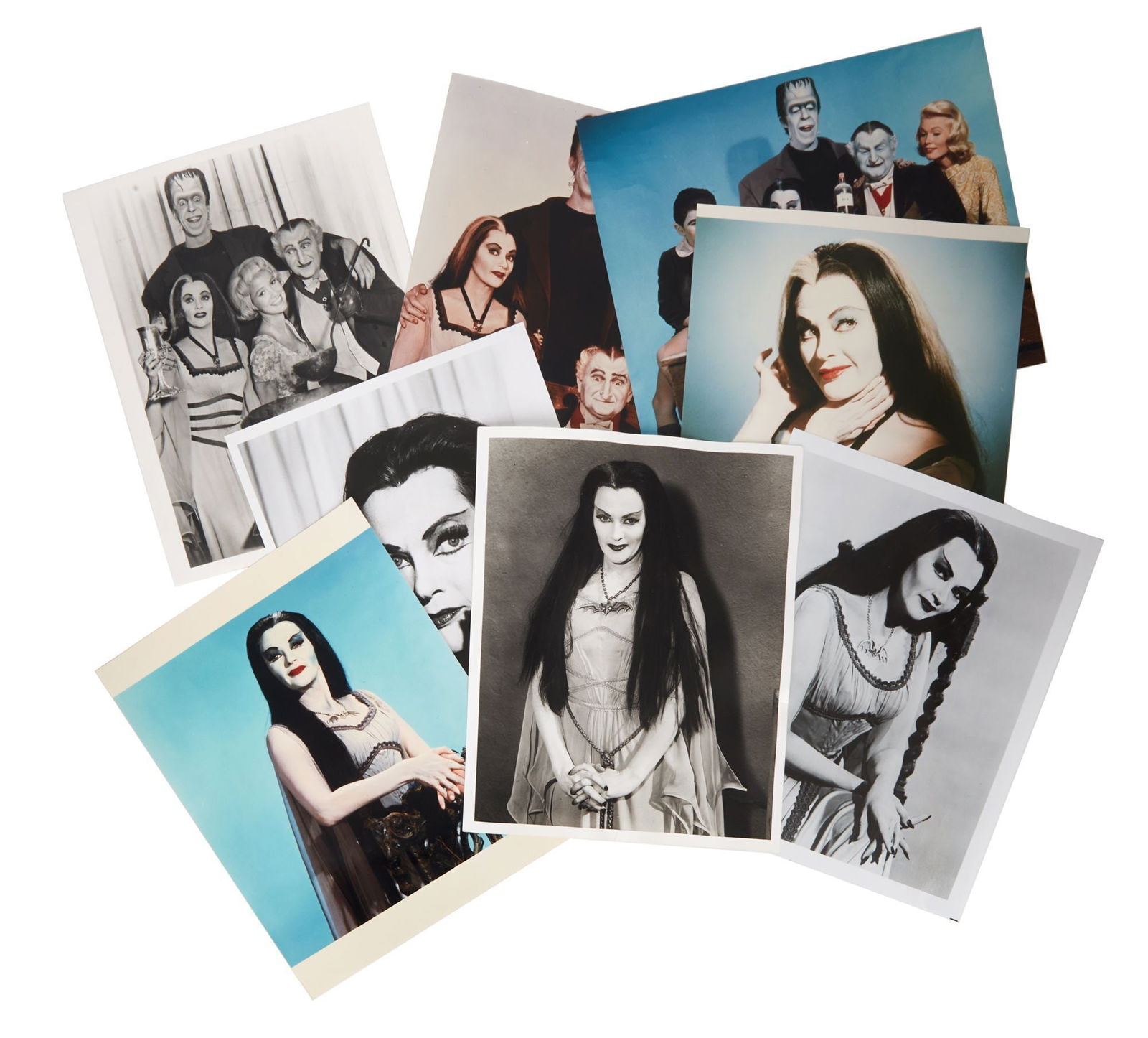 Yvonne De Carlo | 1964/1990s "The Munsters" Publicity Photographs: CBS Television, 1964-1966. A group of eight; color or black and white, one vintage 1964 print, the rest later prints from the 1990s (which the star took to autograph shows to sign for fans), all