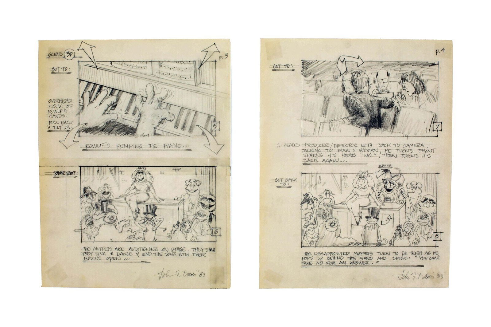The Muppets Take Manhattan | Scene 13 Broadway Montage Alternate Storyboard Illustrations: Six pages of original pencil on vellum storyboard illustrations from the production of Frank Oz’s The Muppets Take Manhattan (TriStar Pictures, 1984), with each page signed and dated ’83 i