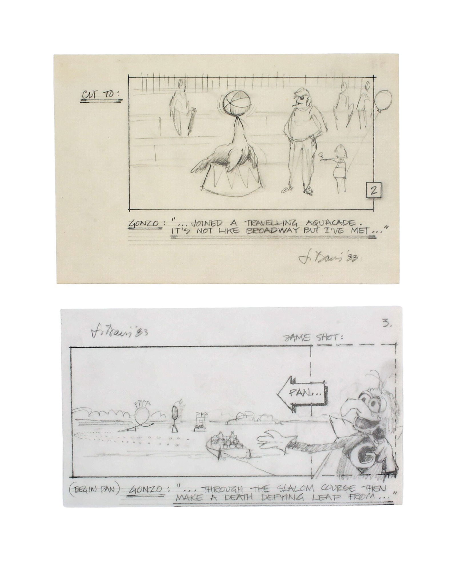 The Muppets Take Manhattan | Scene 36 Gonzo's Aquacade Storyboard Illustration: Two original pencil on vellum storyboard illustrations from the production of The Muppets Take Manhattan (TriStar Pictures, 1984), both signed by the film’s storyboard artist, John Davis and dat