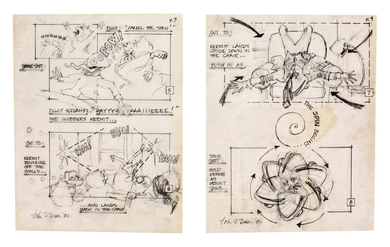 The Muppets Take Manhattan | Scene 82 Kermit's Dressing Room Storyboard Illustrations: Nine pages of original pencil on vellum storyboard illustrations from the production of Frank Oz’s The Muppets Take Manhattan (TriStar Pictures, 1984), with each page signed and dated ’83