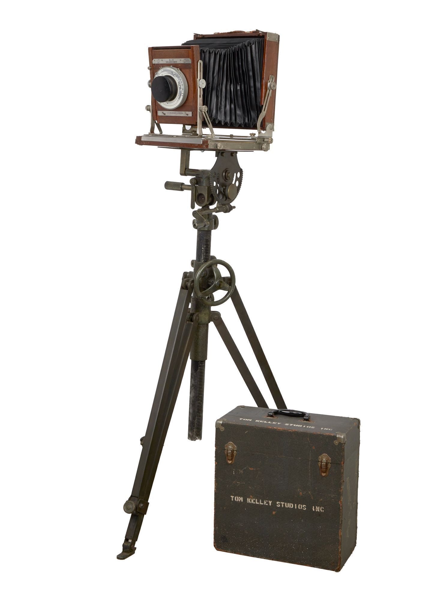 Tom Kelley | Vintage 8x10 Deardorff Camera with Case, Tripod, and Marilyn Monroe Prints: An 8x10 Deardorff camera used by famed Hollywood photographer Tom Kelley. This camera, circa early 1950s, shows signs of being modified and updated over the years as techonology advanced. The bellows