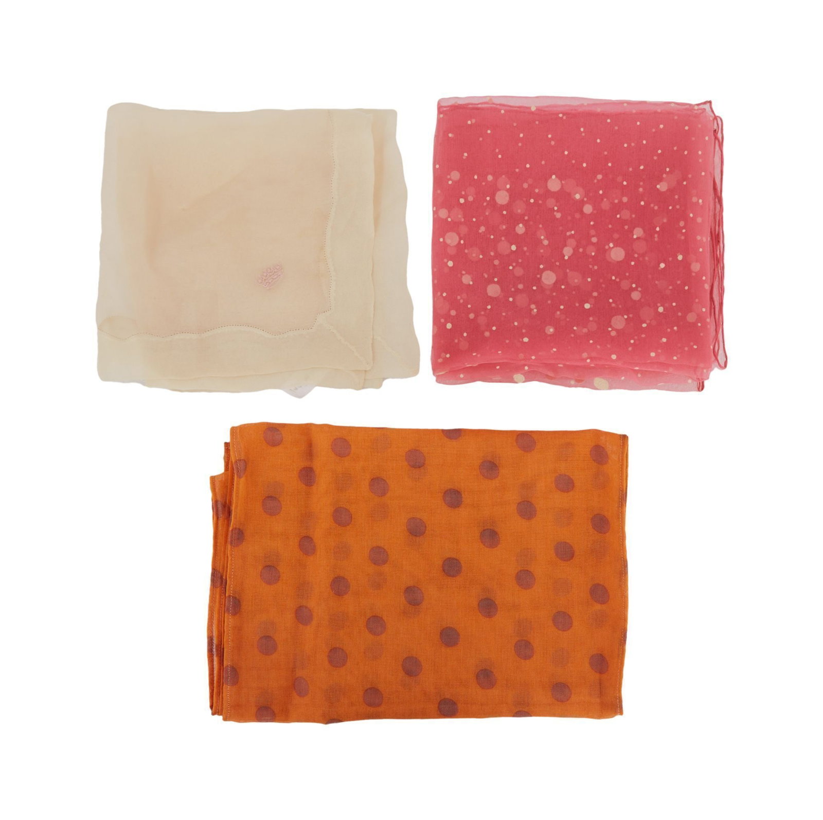 Duchess of Windsor | Collection of Three Mousseline De Soie Handkerchiefs and Scarves: A collection of mousseline de soie French handkerchiefs and scarves, circa 1950s, owned and worn by the Duchess of Windsor Three French-made mousseline de soie handkerchief and scarves, two patterned 