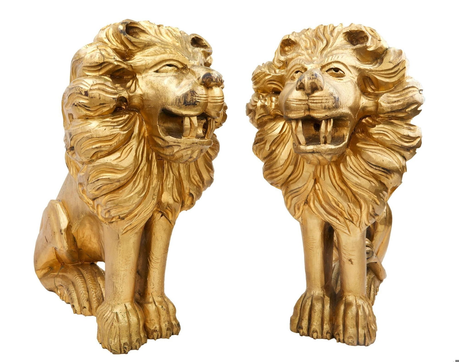 Rick Ross | Gold Painted Wooden "Lion" Sculptures: A pair of lion sculptures carved of solid wood, and painted in gold. 17 x 9.5 x 15 inches PROVENANCE From the Personal Collection of Rick Ross