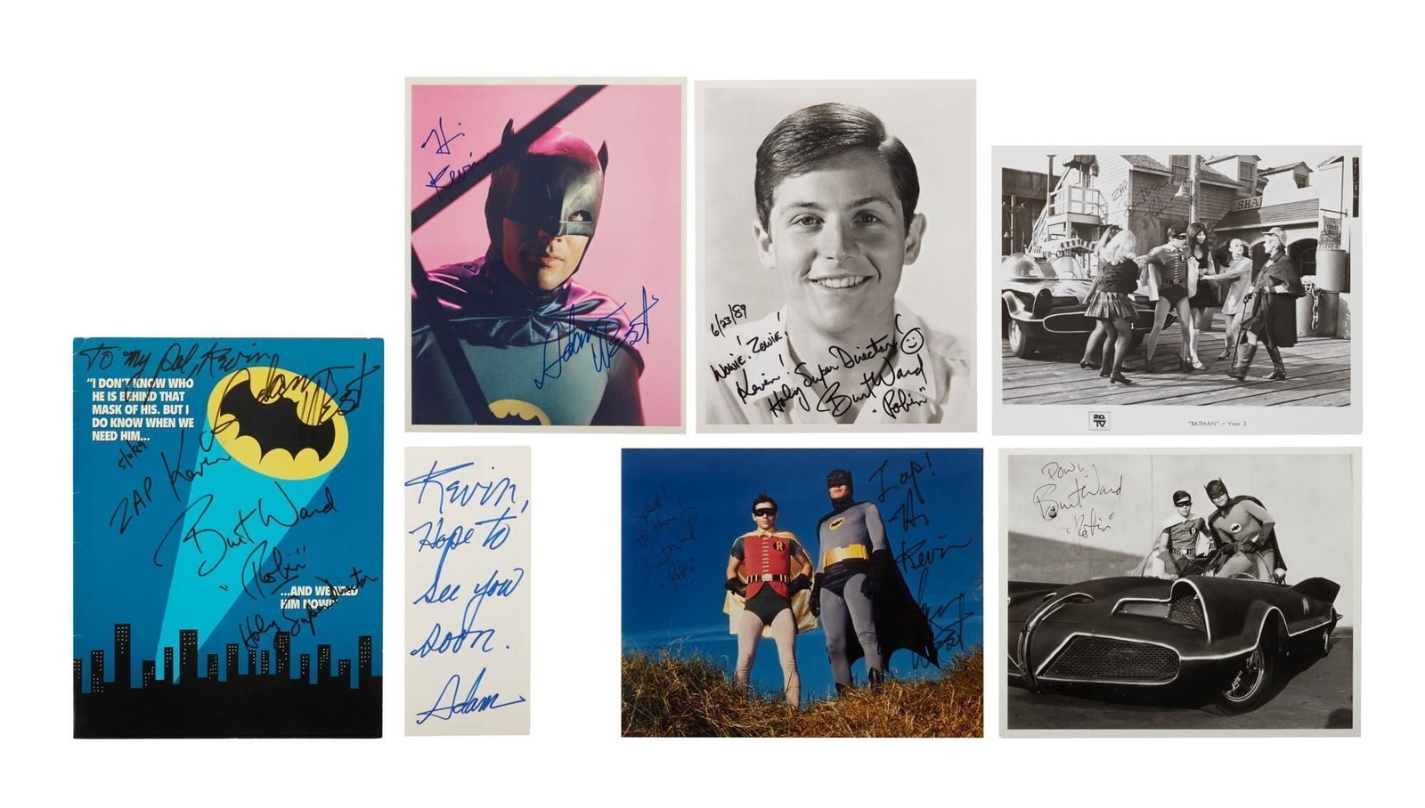 Batman | Adam West and Burt Ward Signed "Batman and Robin" Photos and Ephemera: A group of seven photographs and ephemera pieces signed and inscribed for a fan by Adam West and/or Burt Ward, who played Batman and Robin on the series Batman (ABC, 1966-68). Items include three blac