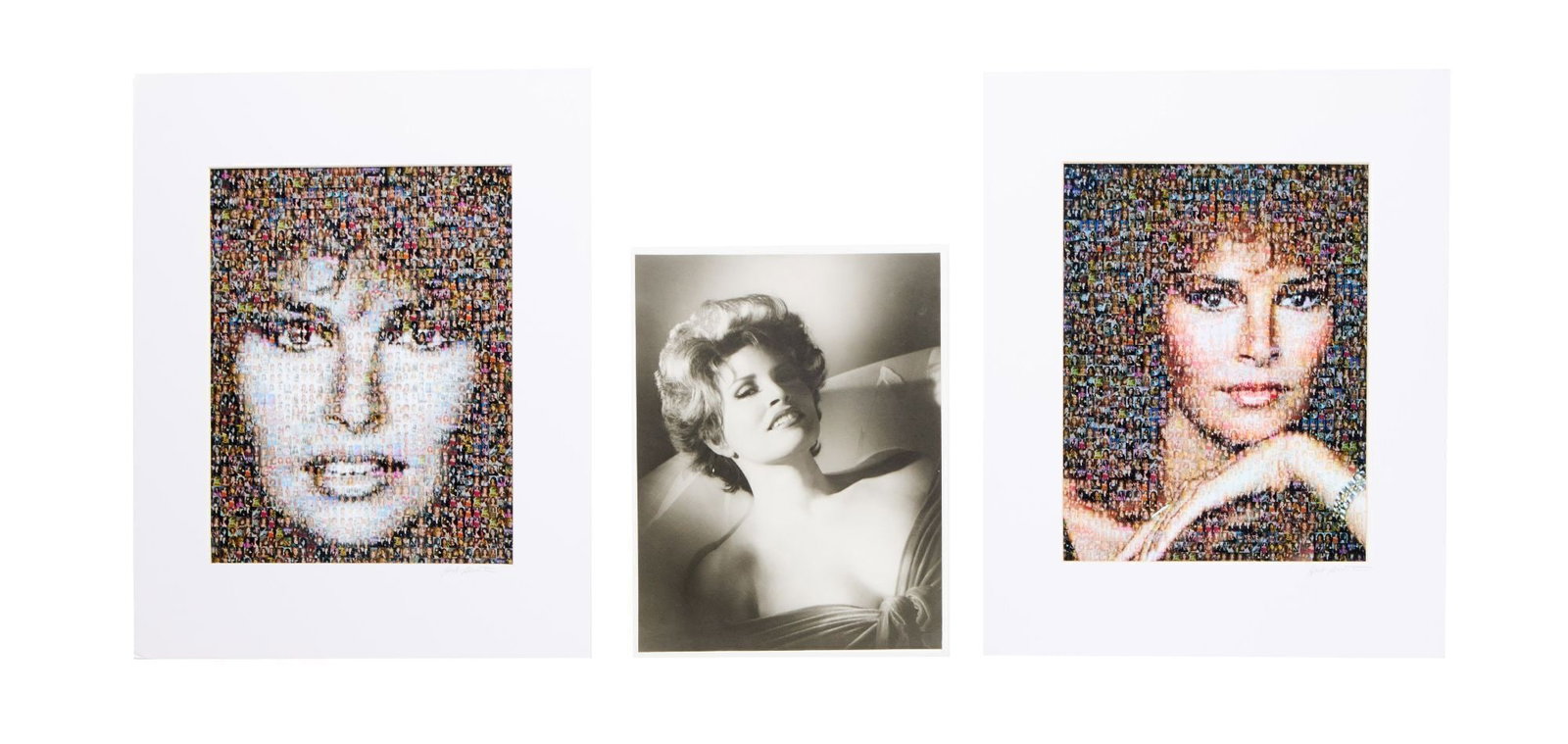 Raquel Welch | George Hurrell Photo and Photomosaics: A black and white print of a photograph of Raquel Welch that's stamped on verso "Legends In Light / Photo By Hurrell / Use by Permission Only / Copyright 1992." Together with two matted color photomos