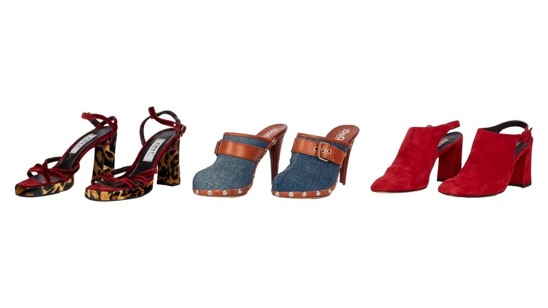 Raquel Welch | Dolce & Gabbana, Via Spiga, and Additional Designer Heels: Three pairs of heels including a pair of Via Spiga, cherry red suede, heeled mules with an ankle strap, size 6; a pair of First by Philip Alexander, burgundy and animal print velvet sandal platforms w