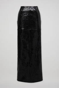Alaia | Contemporary Full Length Croc Embossed Black Patent Leather Skirt: An Azzedine Alaia calf leather embossed croc fitted full-length skirt. This is a ready-to-wear design based off of the late designer's 2011 couture show, which featured mock exotic leathers coated in