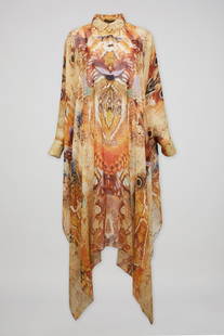 Alexander McQueen | 2010 Plato's Atlantis Silk Caftan: The dress is a mid-length, 100% silk caftan style by Alexander McQueen. Sheer and unlined with now iconic "Plato's Atlantis" print. Shirt collar and double button cuffs. Asymmetrical hem with deep sli