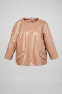 Miu Miu | Spring 2013 Beige Blush Coated Jacket: A spring 2013 Miu Miu coated beige blouse m from the Miuciccia Prada namesake label, whose collection featured destructive elegance, mixing high and low textiles. This style top was styled with look 1
