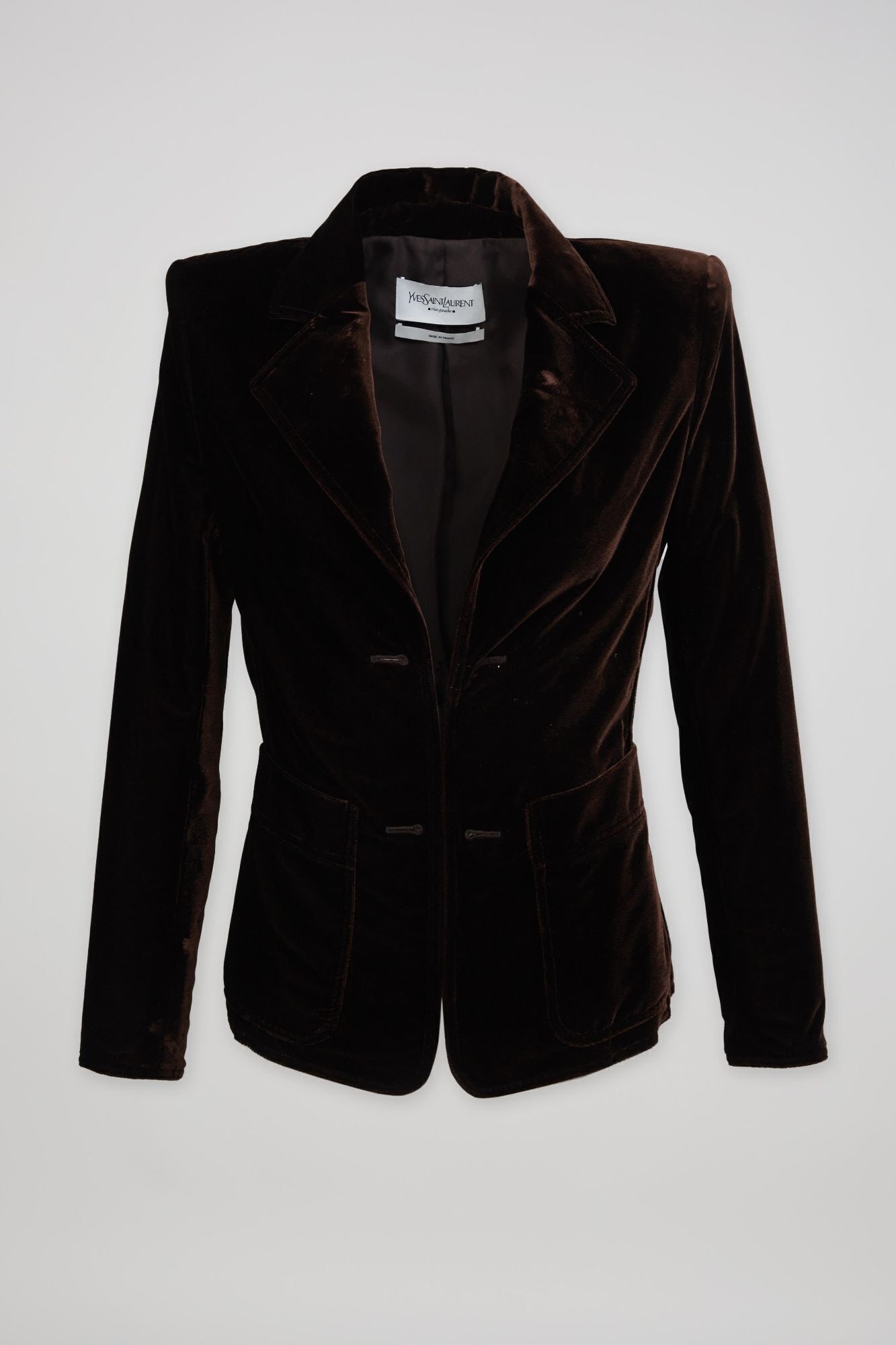 Yves Saint Laurent | YSL Tom Ford Era Fall 2002 Brown Velvet Jacket: A Yves Saint Laurent Rive Gauche silk velvet blend open-style blazer with notch lapel. Tom Ford designed them for the Fall 2002 ready-to-wear collection. A YSL deep brown (rayon silk blend) blazer cut