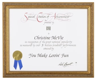 Christine McVie | BMI Citation Of Achievement For "You Make Lovin' Fun"