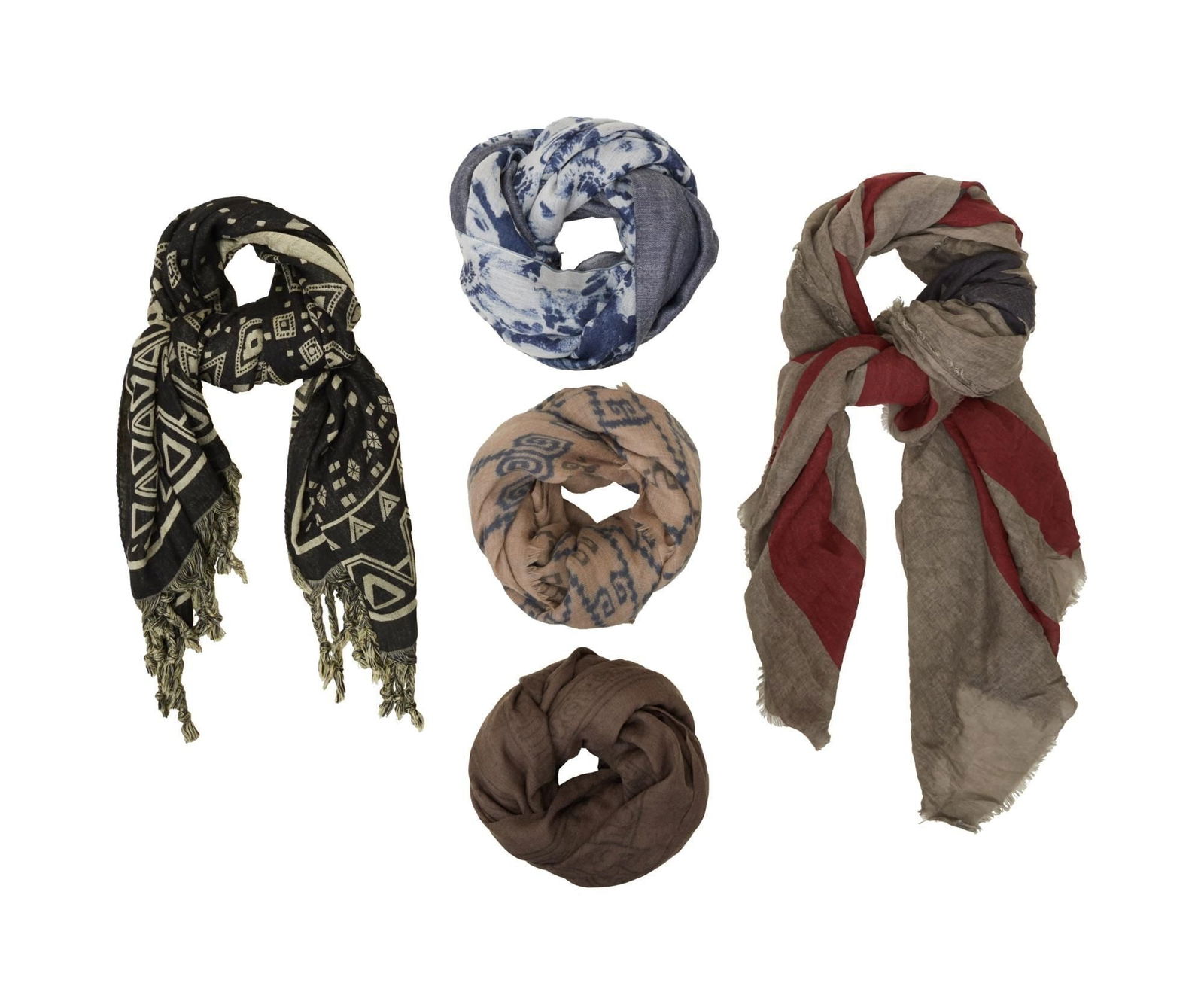 Christine McVie | Patterned Scarves: A group of five scarves including one with a black and beige geometric pattern by Etro; one, 100% pashmina, with a brown and faded black pattern, made in India; one with a stars and stripes pattern by