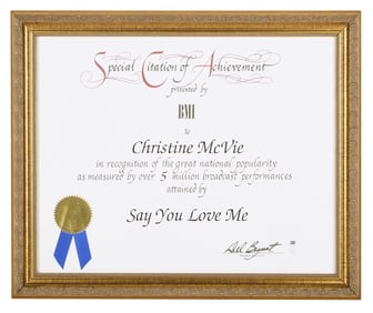 Christine McVie | BMI Citation Of Achievement For "Say You Love Me"