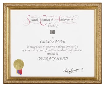 Christine McVie | BMI Citation Of Achievement For "Over My Head"