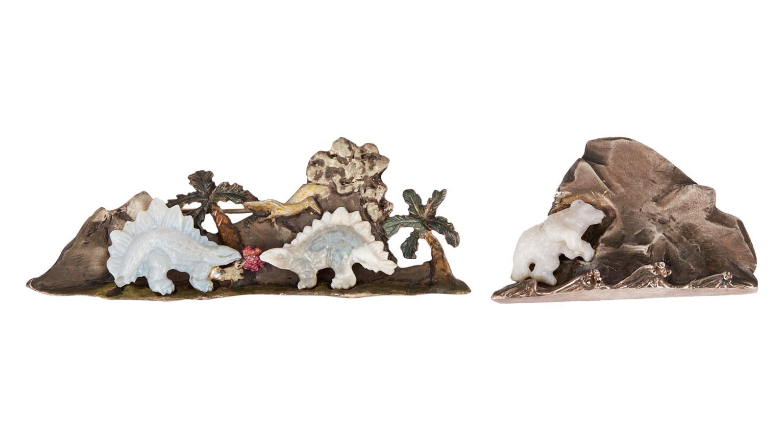 Christine McVie | Two Hardstone Brooches From Halloween Boutique: Two hardstone nature-themed brooches from Halloween jewelry store in Philadelphia, PA, measuring from 2 to 3.5 inches. Halloween was a favorite jewelry shop of McVie and her Fleetwood Mac bandmates, w