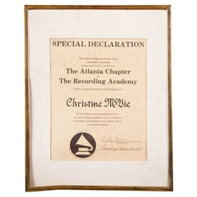 Christine McVie | Atlanta Chapter of the Recording Academy Presentation Certificate, 1982