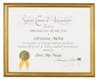 Christine McVie | BMI Citation Of Achievement For "Over My Head"