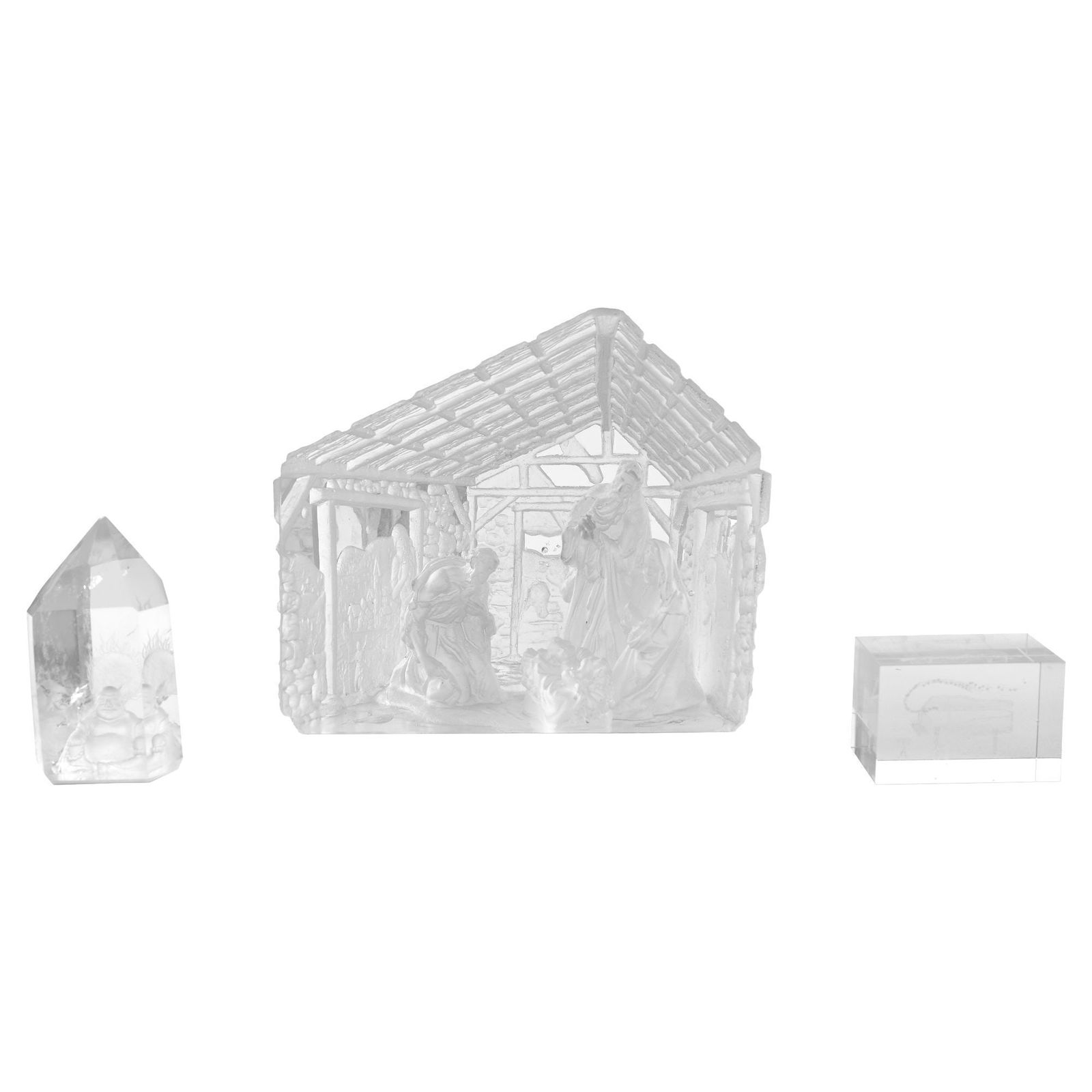 Christine McVie | Group of Carved or Laser Printed Glass Sculptures: Including a Kristian Klepsch carved Adoration of the Magi carved sculpture, a seated buddha within a faceted crystal, and a laser printed acrylic piano. Largest 6 x 7 x 7 inches PROVENANCE: Property F