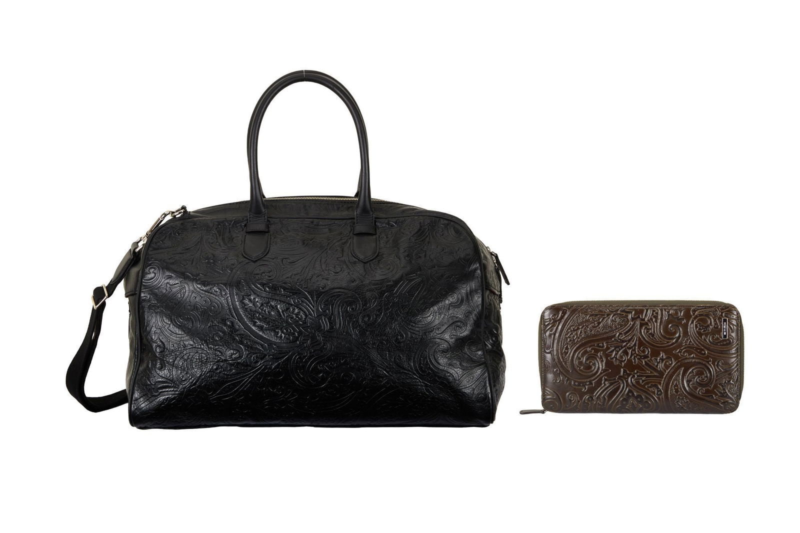 Christine McVie | Etro Leather Bag and Clutch: A bag and clutch by Etro including an olive green leather embossed clutch in a paisley pattern with a brown leather interior and silver-tone hardware, 6.25 x 11 inches; and a black leather embossed du