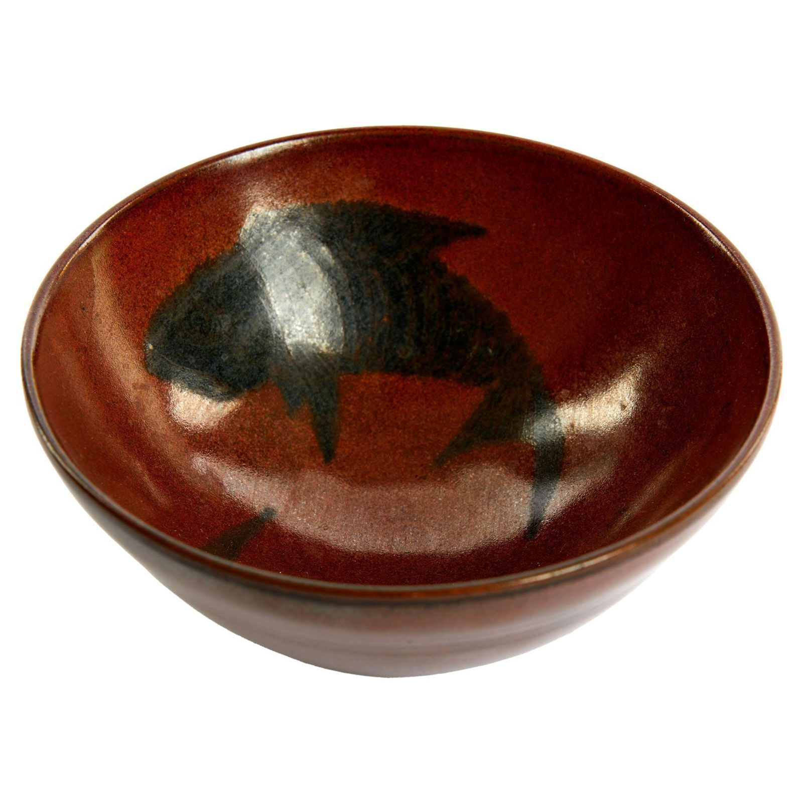 Christine McVie | Japanese Koi Stoneware Bowl: A redware bowl with black painted koi decoration. Unmarked. 2 inches high x 4.75 inches PROVENANCE: Property From The Life And Career of Christine McVie Decorative Arts Please note: The absence of inf