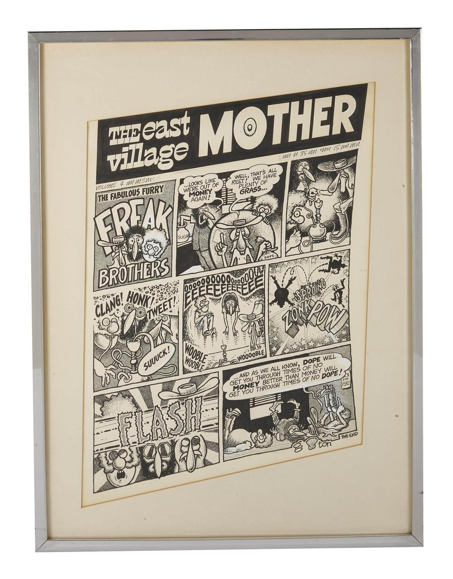 Playboy Archive | Gilbert Shelton (American, b. 1940): The East Village Mother. Pen, ink and wash on paper, signed lower right. Run date unknown. Item not removed from the frame. 21.75 x 16.25 inches PROVENANCE Property From the Playboy Archives