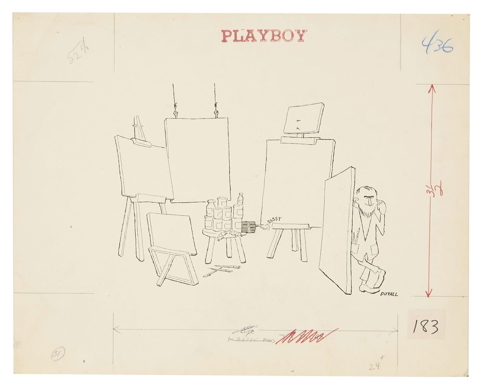 Playboy Archive | Duvall (20th century): Untitled (Modern Art Explosion). Pen, ink and applied halftone dots on Playboy stamped annotated manila paper, signed lower right. Run date April 1966. 11.5 x 14.5 inches PROVENANCE Property From the