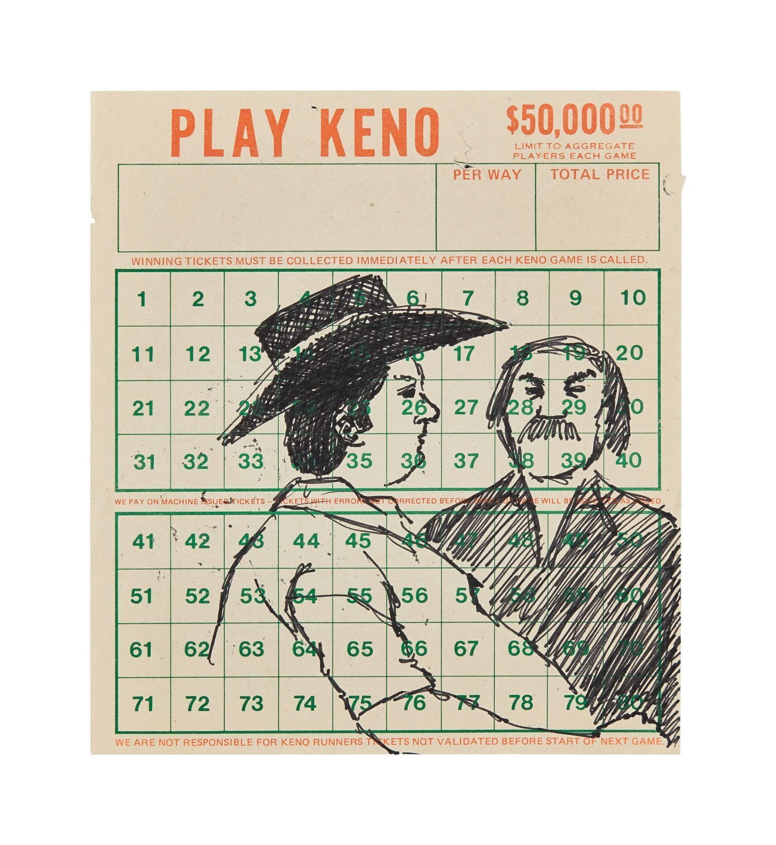 Tony Bennett | Sketch on Play Keno Sheet: A Tony Bennett (American, 1926-2023) pen sketch of two men on a Play Keno sheet, unsigned. 6 x 5 inches Artwork