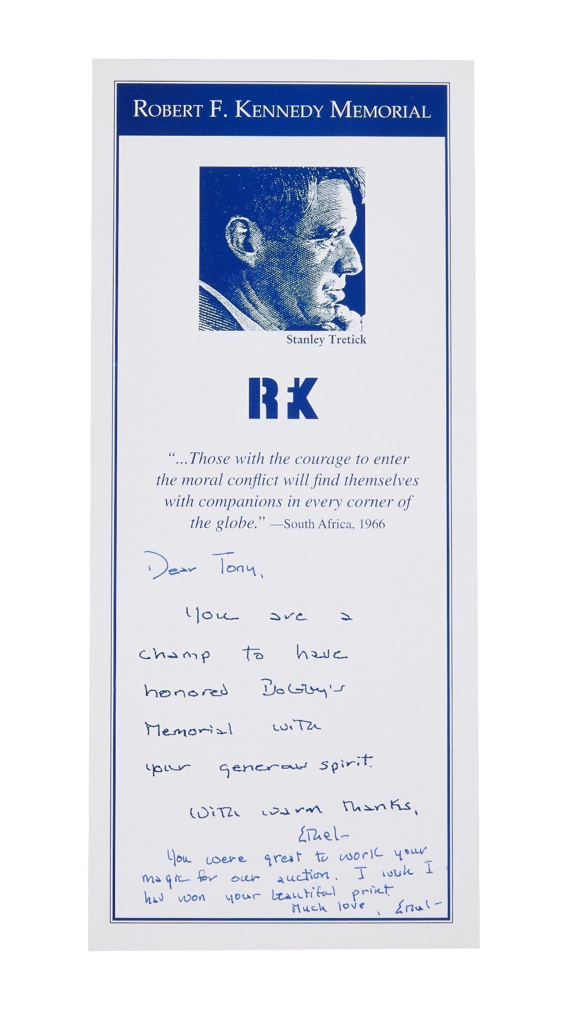 Tony Bennett | Ethel Kennedy Inscribed and Signed Robert Kennedy Memorial Flyer: A Robert F. Kennedy Memorial flyer with inscribed note signed in pen by Ethel Kennedy. 9.5 x 4 inches