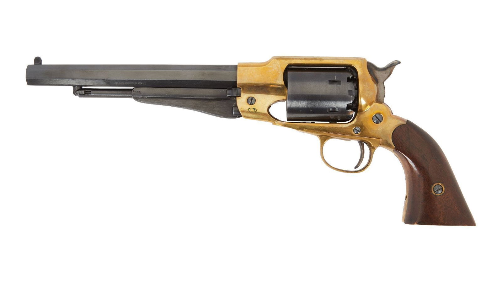 James Arness | Remington Model 1858 Percussion Revolver F.I.E. Replica: An F.I.E. replica of a Remington Model 1858 black powder revolver, serial number 4054, .44 caliber black powder only, 7 ¾” barrel, blued finish, brass frame, color case hardened hammer and