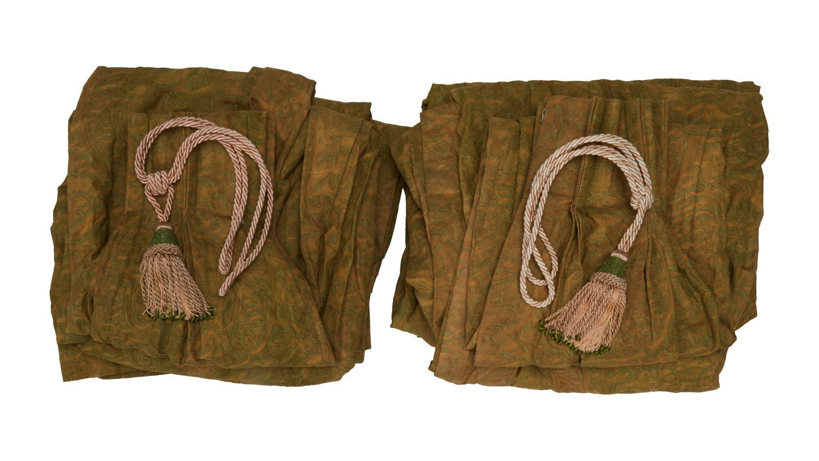 James Arness | Fortuny Orsini Green And Gold Cotton Damask Drapes, 4 Panels: Fortuny Orsini green and gold printed cotton drapes belonging to James Arness, four panels with two corded tassel hold back ropes. The four panels are composed of Fortuny printed fabric, pattern #5189