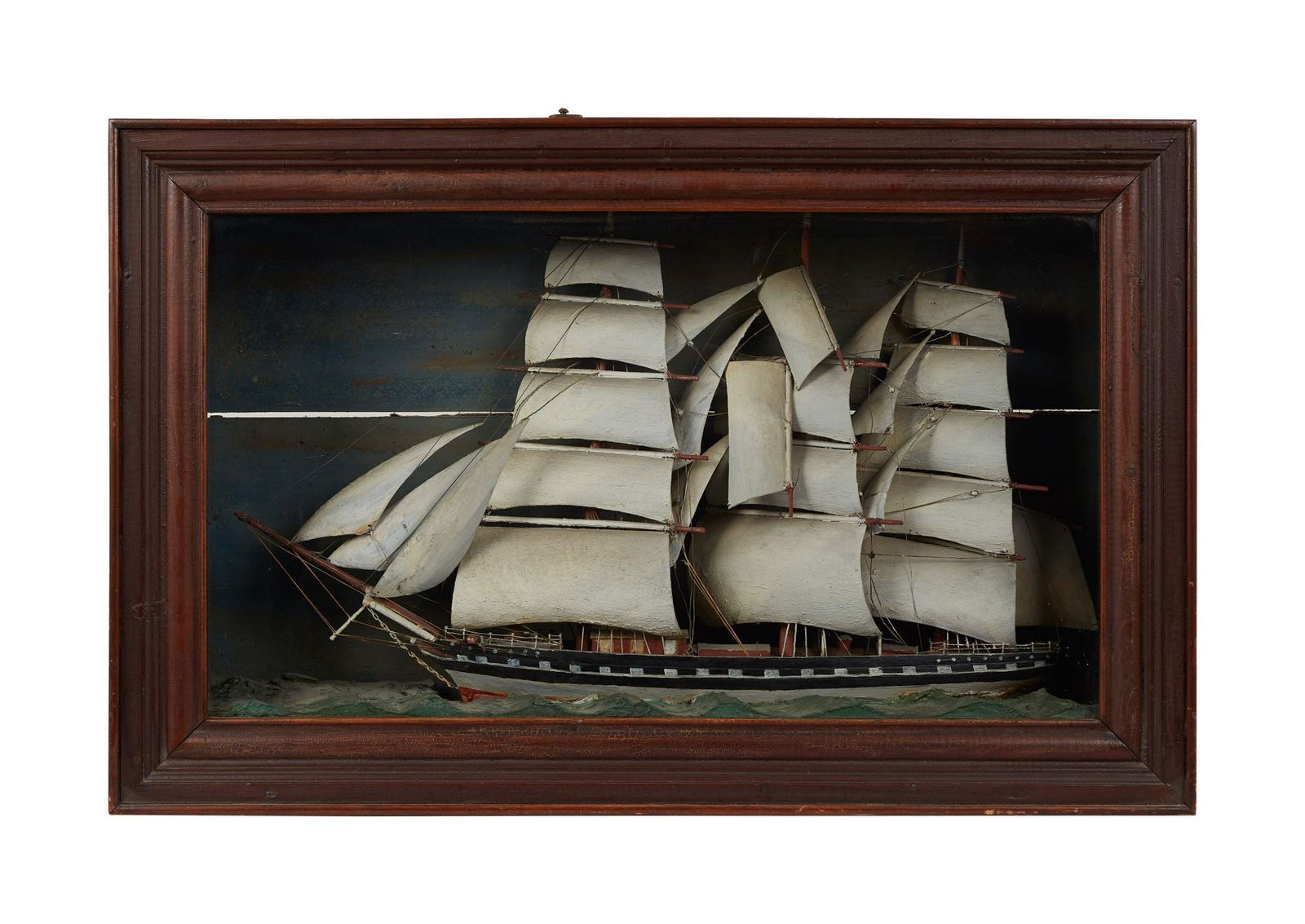 James Arness | Hand-Painted Ship Diorama with Photos (A): A hand-painted ship diorama in a wooden display box. Includes photographs of the diorama in James Arness's homes. 19.5 x 30.5 x 8 inches PROVENANCE From The Estate of James Arness Artwork, James Arnes