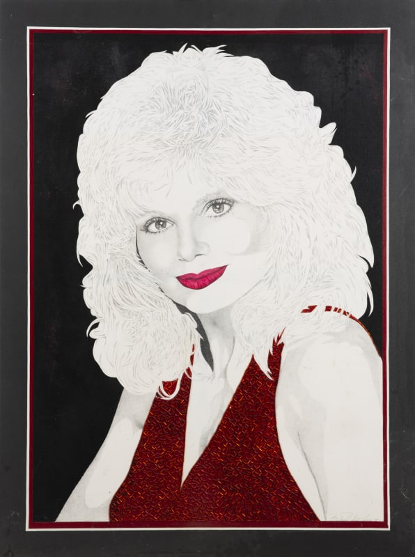 Burt Reynolds | Embellished Portrait of Loni Anderson: An acrylic portrait on canvas of Loni Anderson embellished with red beads and signed "Michael Scott Jones '88." 48 x 36 inches PROVENANCE Lot 764, "Property From The Estate of Burt Reynolds," Julien's