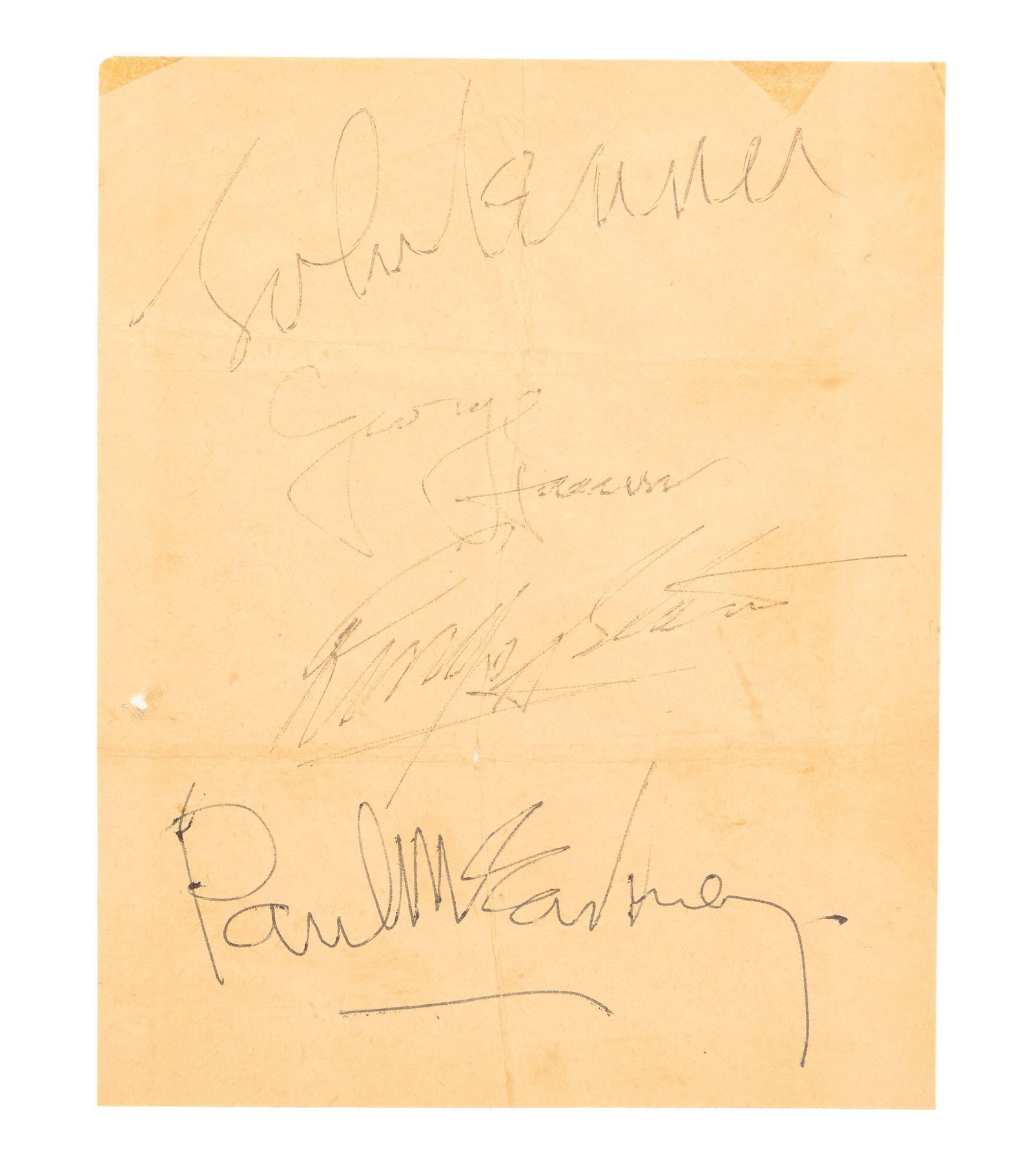 The Beatles | 1963 Signed Sheet: Please Note: Property will be shipped from California A single sheet of paper signed by all four Beatles (John Lennon, Paul McCartney, George Harrison, and Ringo Starr) in black ballpoint pen. The aut