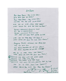 Indigo Girls | Amy Ray Handwritten and Signed "Kid Fears" Lyrics on Melissa Ethridge Typed Lyrics