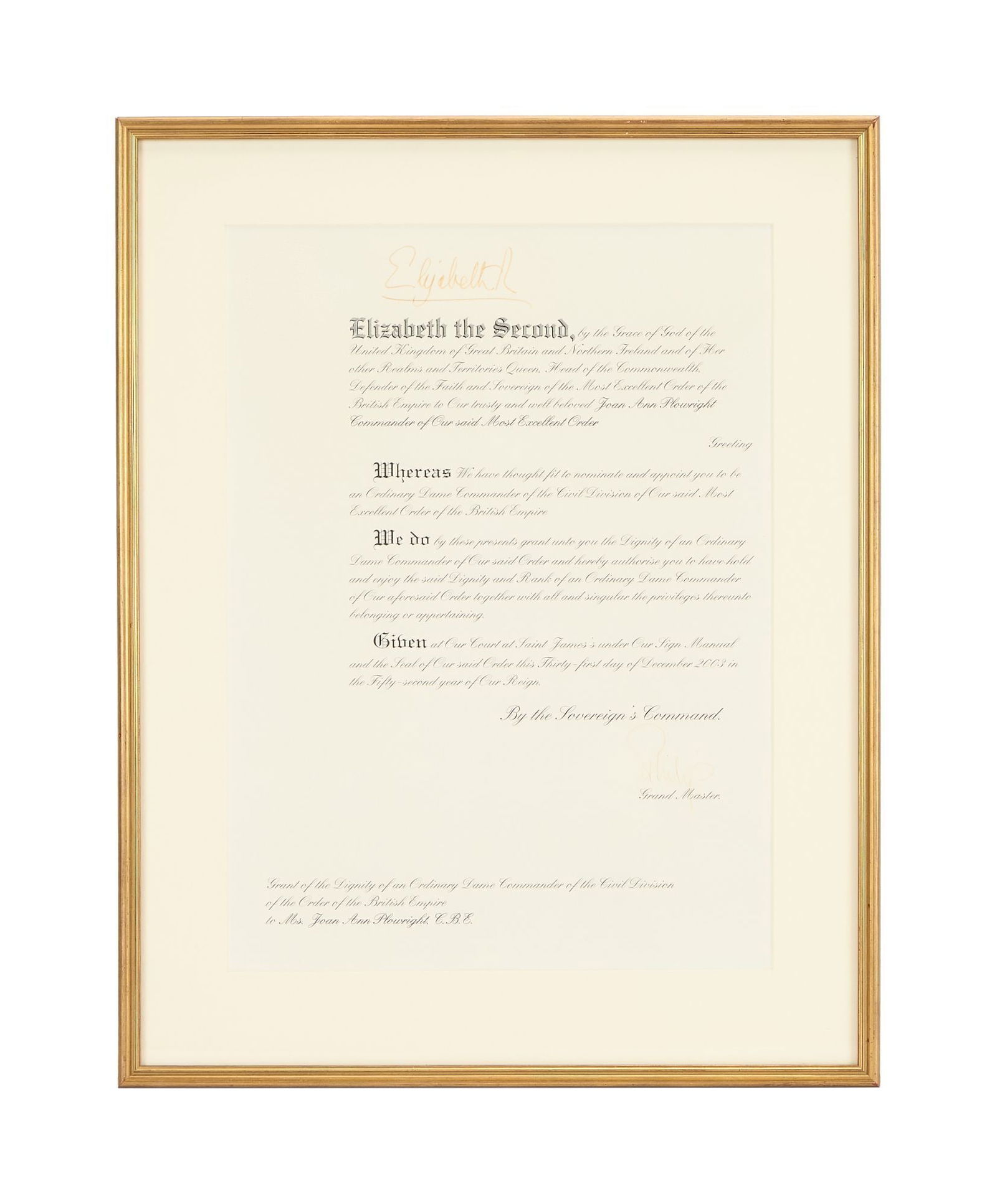 Joan Plowright | Framed Queen Elizabeth II and Prince Philip Signed D.B.E. Document (1 of 4)