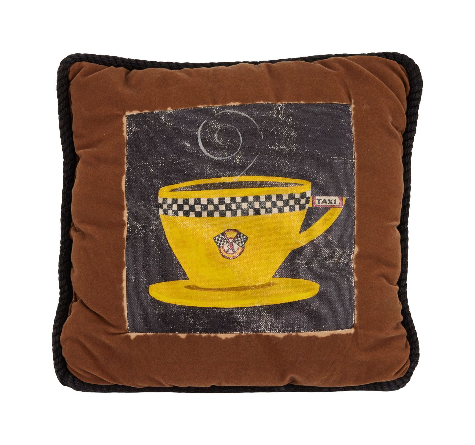 Friends | Central Perk Taxi Pillow with DVD: An original set dressing pillow from the production of the series Friends (Warner Bros., 1994-2004). The brown pillow features a coffee cup made to look like a yellow taxicab on the front and a black 