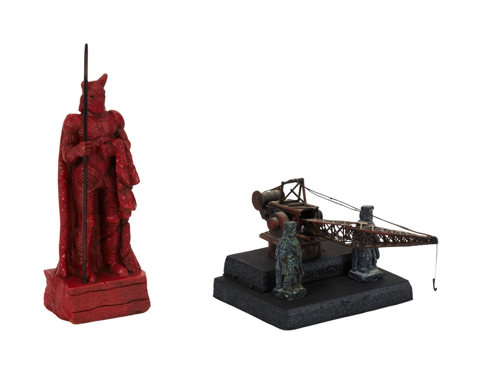 Bram Stoker's Dracula | Red Armor Castle Adornment Statue Miniature: An original red armor castle adornment statue miniature with crane and statue miniatures, from the production of the film Bram Stoker's Dracula (Columbia Pictures, 1992). The red armor figure is compo