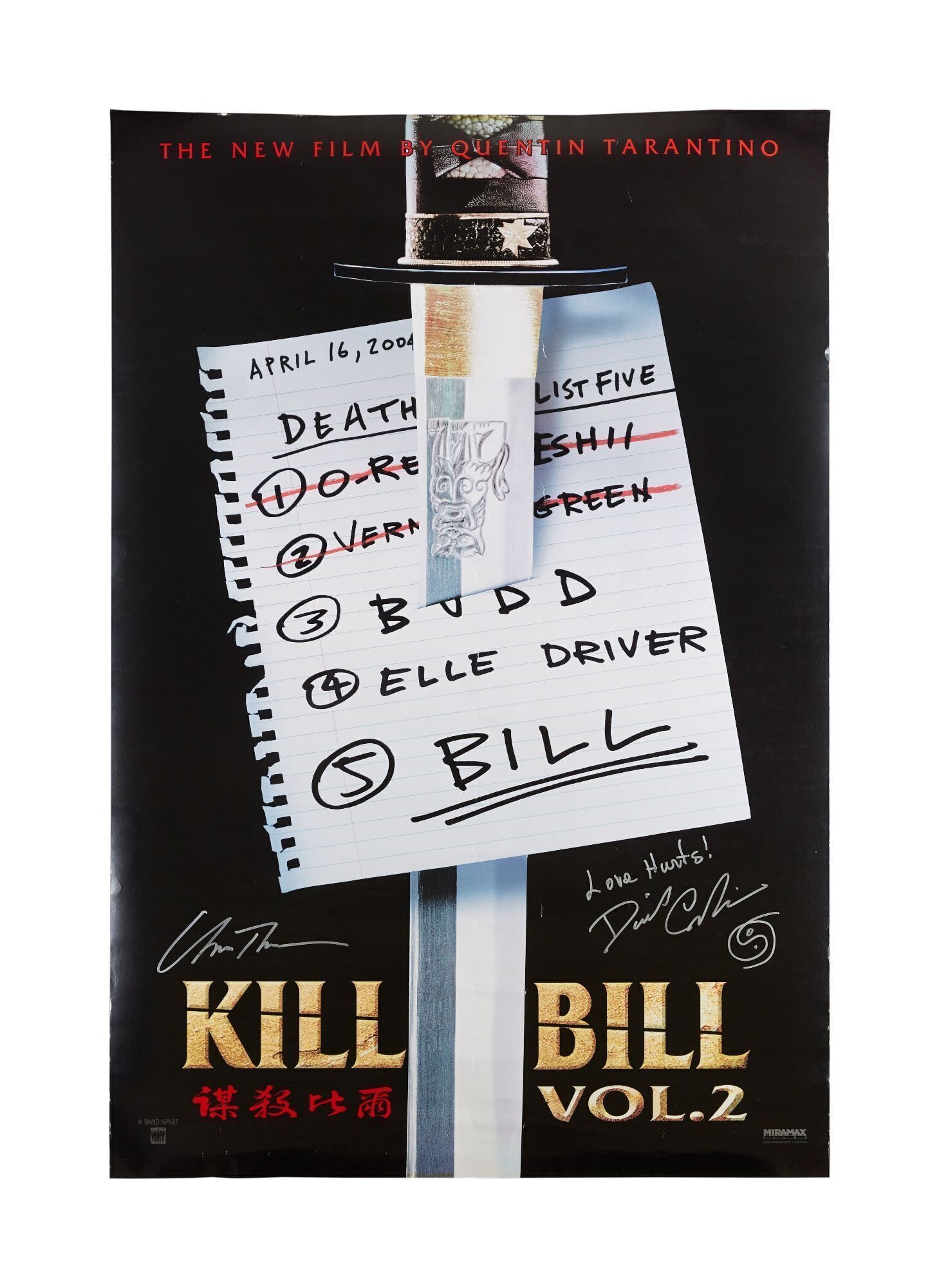 Kill Bill: Volume 2 | Uma Thurman and David Carradine Signed Poster: An original one-sheet poster signed by Uma Thurman (The Bride) and David Carradine (Bill) from the production of the film Kill Bill: Volume 2 (Miramax Films, 2004). 40 x 27 inches Posters, Signed, Act