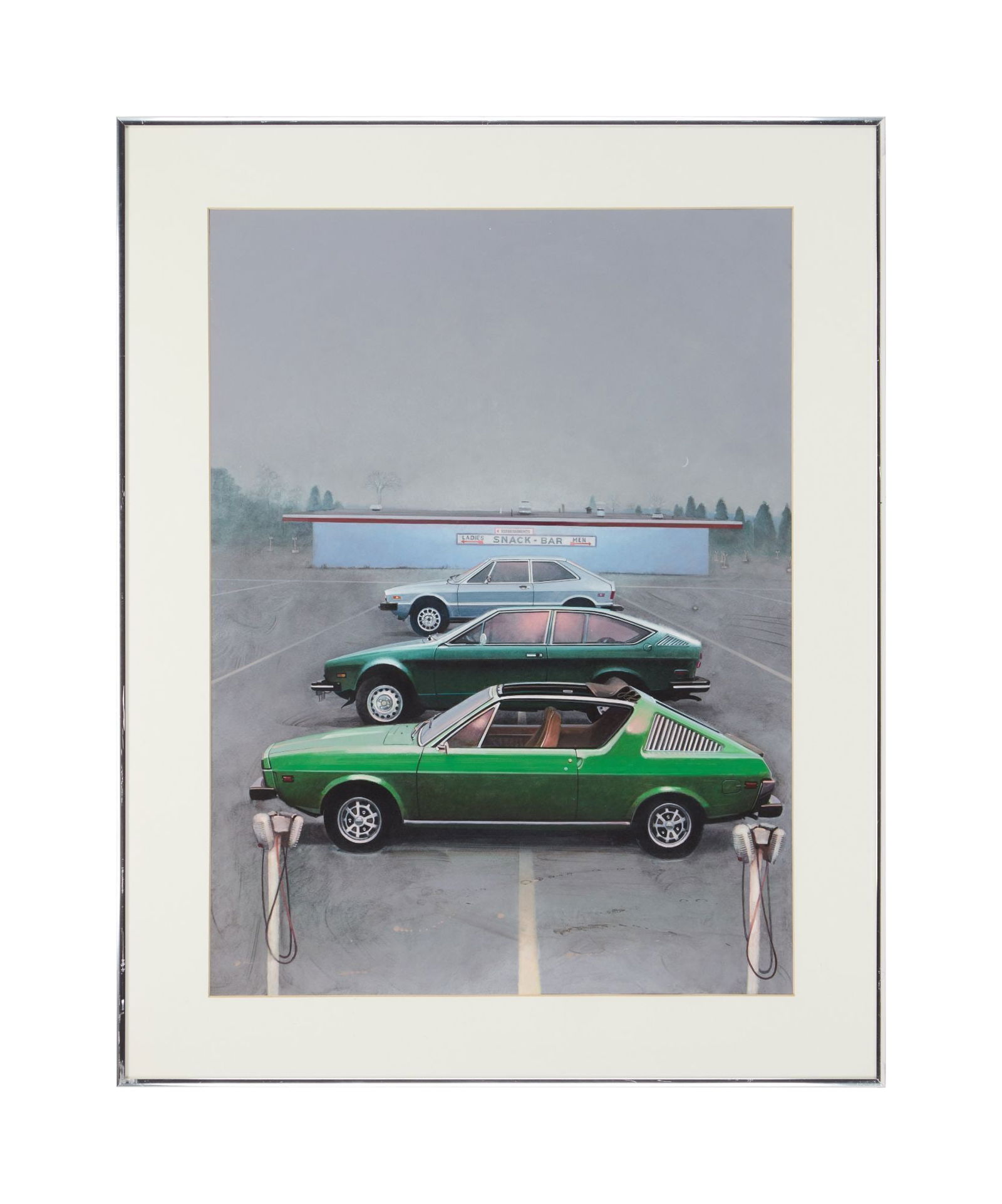 Playboy | Martin Hoffman Cars Number 1: Martin Hoffman (American, 1935-2013) mixed media on illustration board drawing of cars. This artwork appeared on page 150 of the January 1977 issue of Playboy Magazine, illustrating the article by Bro