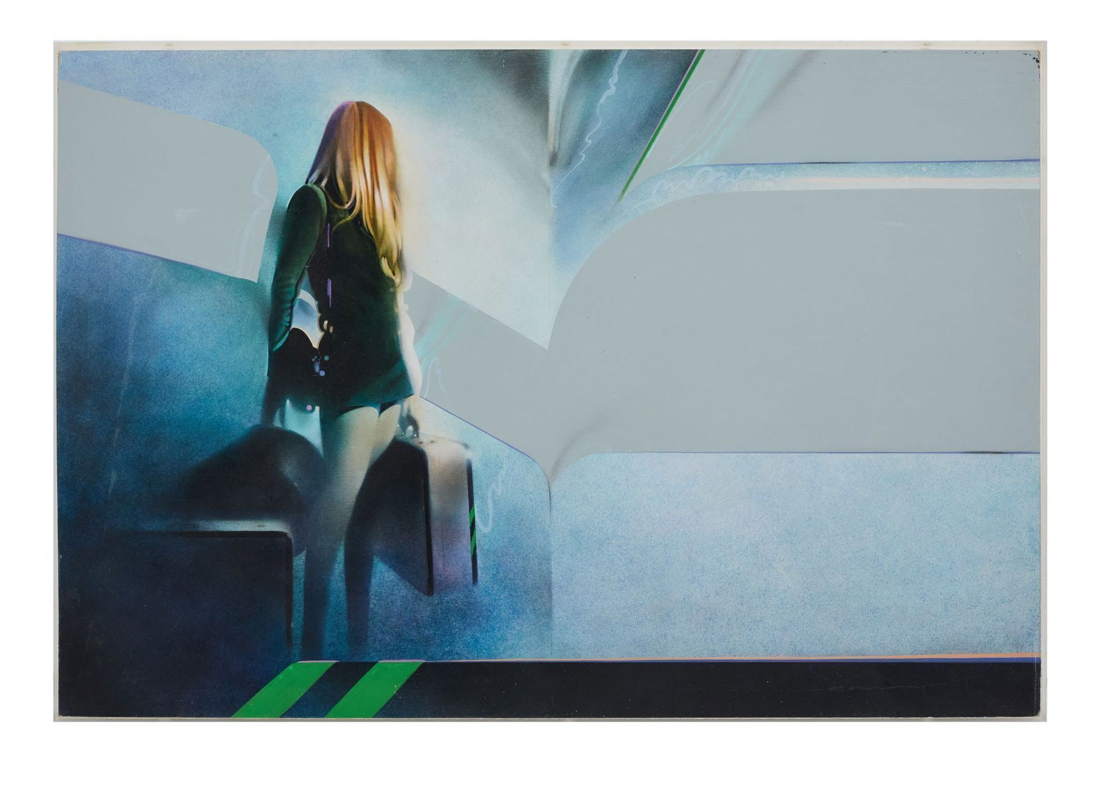 Playboy | Martin Hoffman Woman in an Airplane: Martin Hoffman (American, 1935-2013) mixed media on board drawng. This artwork appeared on pages 84-85 of the January 1971 issue of Playboy Magazine, illustrating the fiction story by Evan Hunter titl