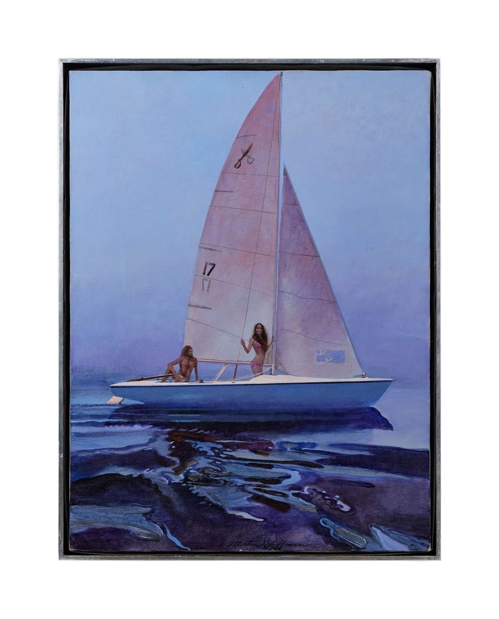 Playboy | Martin Hoffman Buccaneer Sailboat Painting: Martin Hoffman (American, 1935-2015) oil on canvas painting titled "Buccaneer," signed lower center. This painting appeared on page 118 of the July 1971 issue of Playboy Magazine, illustrating the art