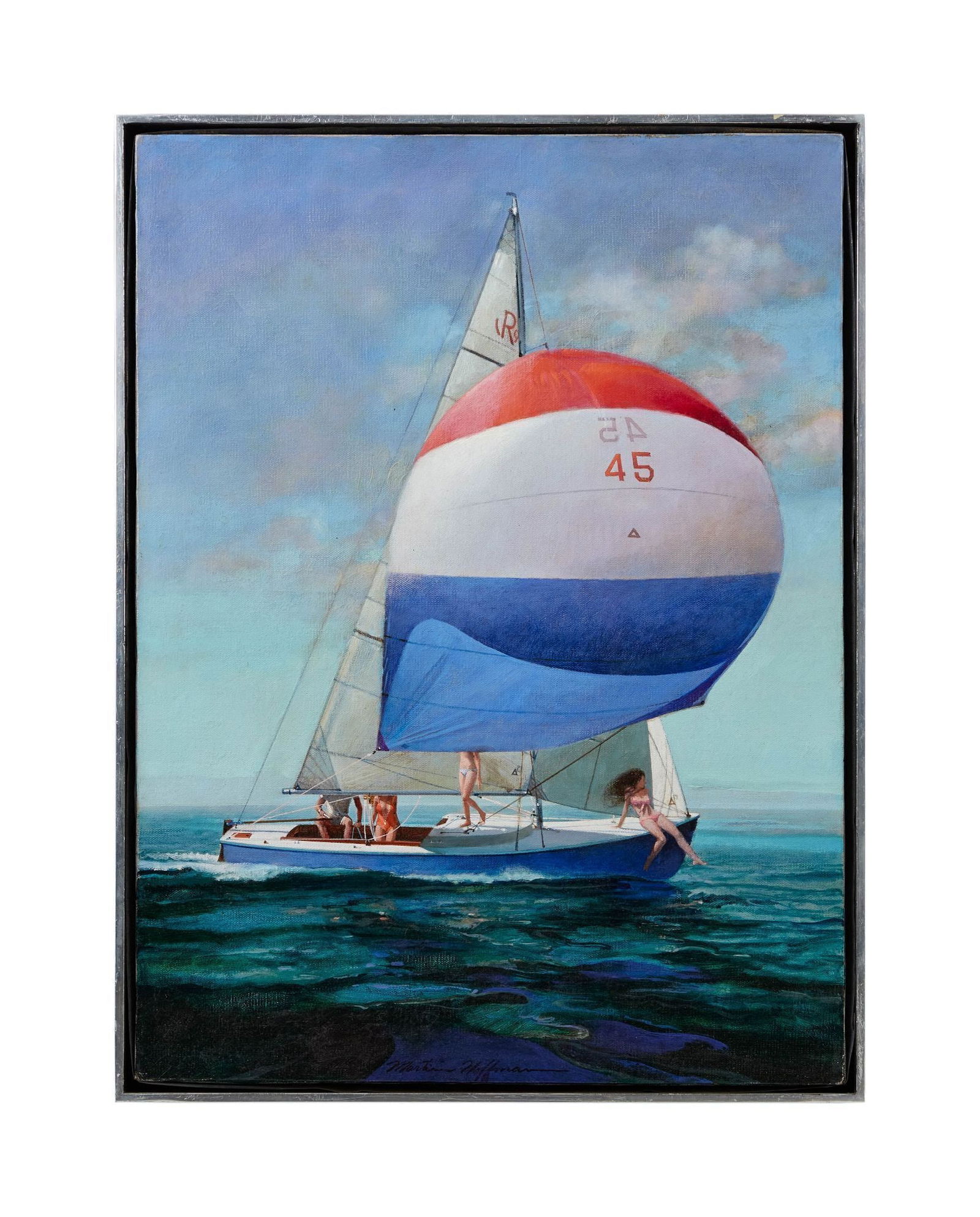 Playboy | Martin Hoffman Rhodes 19 Sailboat Painting: Martin Hoffman (American, 1935-2013) oil on canvas painting titled "Rhodes 19," signed lower center. This painting appeared on page 117 of the July 1971 issue of Playboy Magazine, illustrating the art