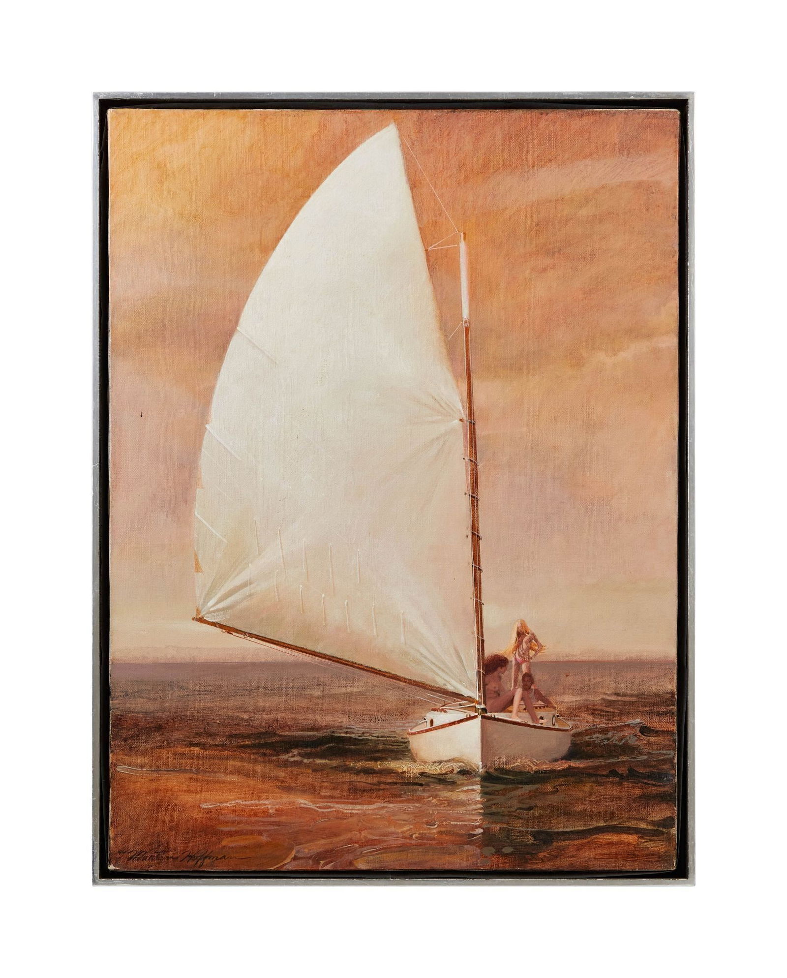Playboy | Martin Hoffman Sanderling Sailboat Painting: Martin Hoffman (American, 1935-2013) oil on canvas painting titled "Sanderling" signed lower left. This painting appeared on page 119 of the July 1971 issue of Playboy Magazine, illustrating the artic