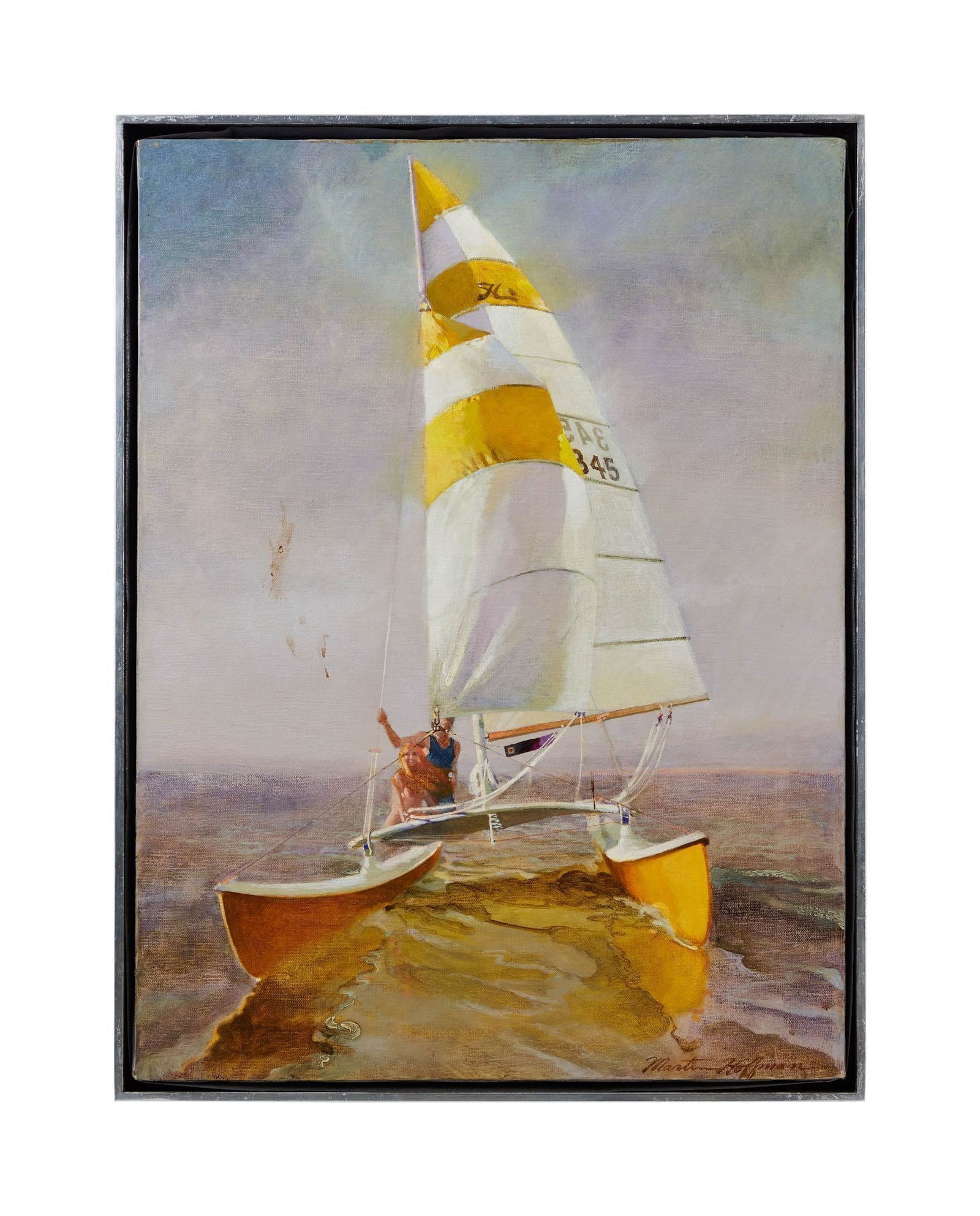 Playboy | Martin Hoffman Hobie Cat 16 Sailboat Painting: Martin Hoffman (American, 1935-2013) oil on canvas painting titled "Hobie Cat 16" signed lower right. This painting appeared on page 116 of the July 1971 issue of Playboy Magazine, illustrating the ar