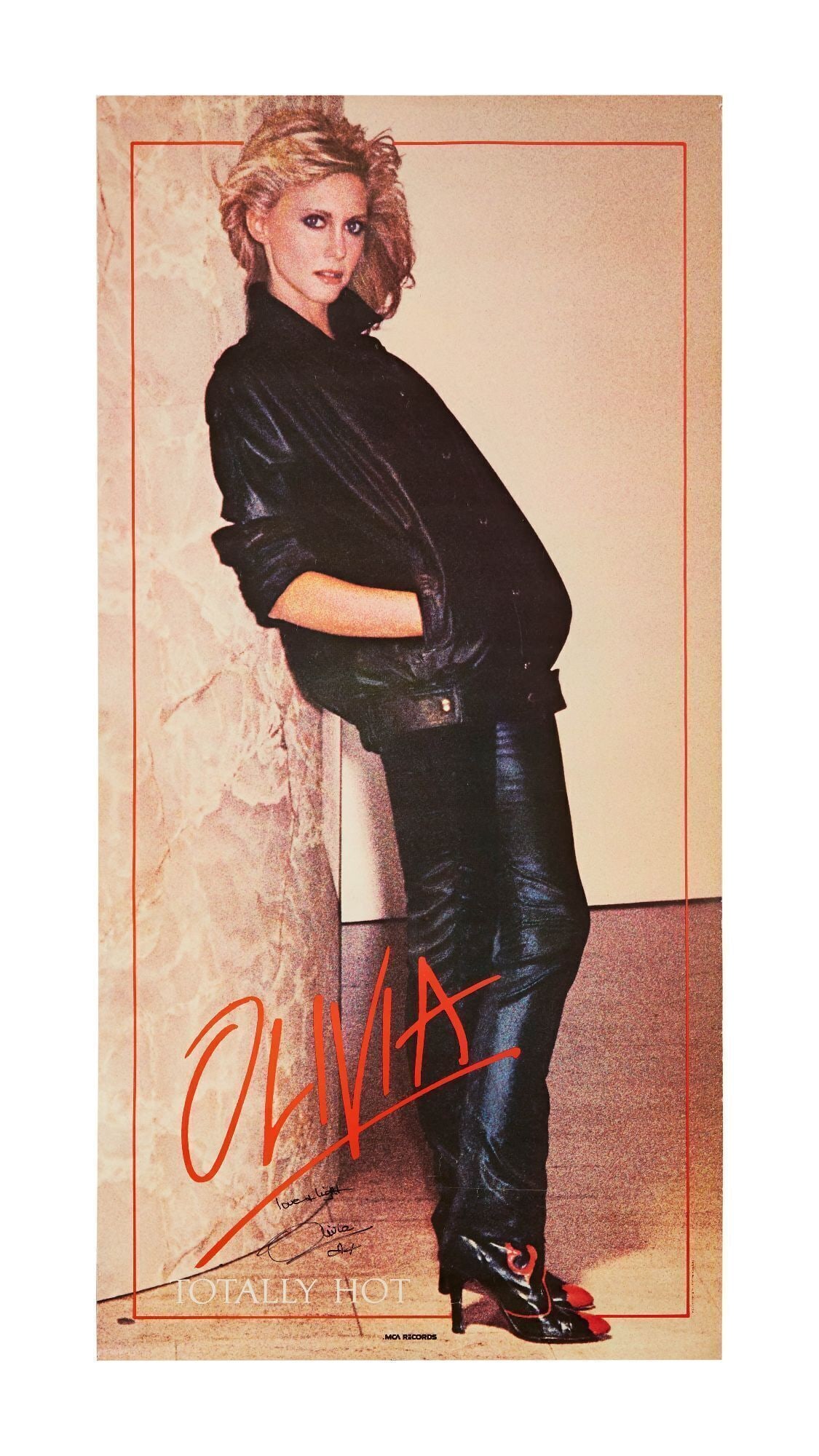 Olivia Newton-John | "Totally Hot" Signed Poster: A publicity poster from the star's 1978 album signed by her in black felt-tip ink on the lower margin "love + light / Olivia;" rolled. 48 x 24 inches Posters