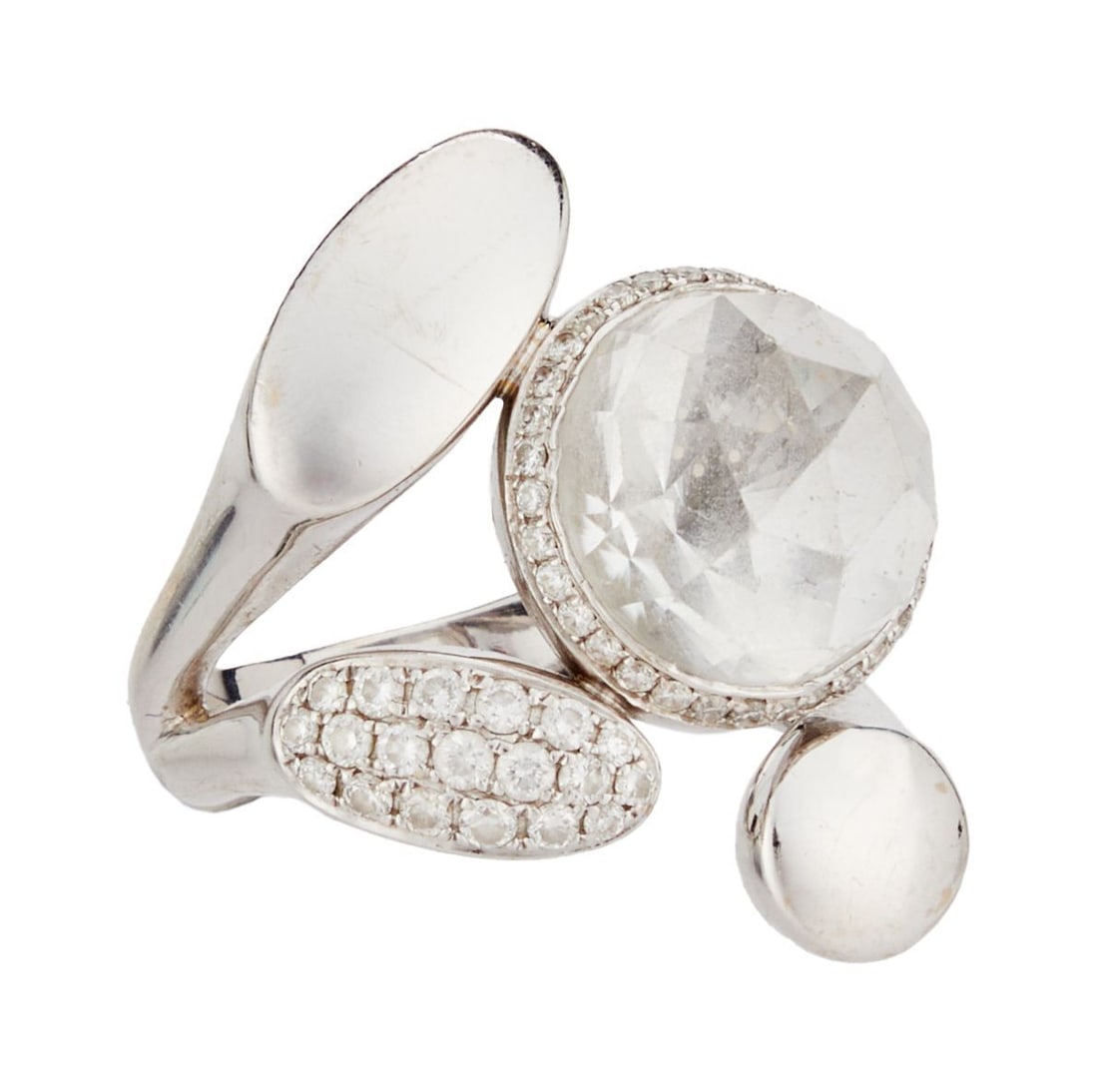 Olivia Newton-John | 18K White Gold Ring Worn on Stage: An unusual design with an added faceted crystal; size 7; worn by the star on her cover of her 2016 album with John Farnham, "Friends for Christmas" [see previous lot] as well as on stage at the 2017 F